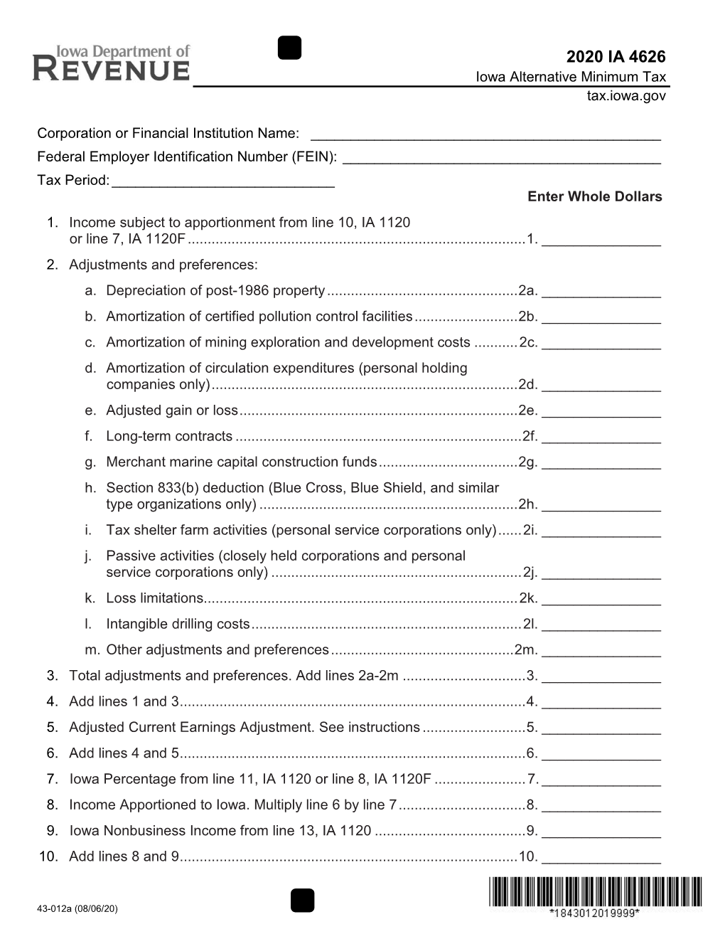 IA Franchise Schedule 4626F Computatin of Alternative Minimum Tax, 43-002