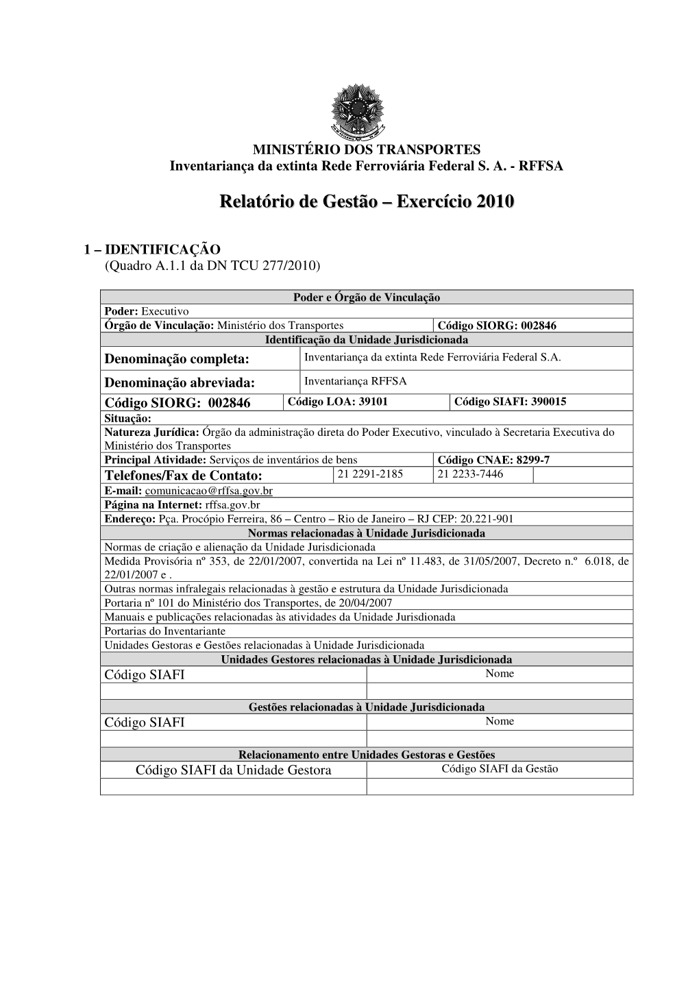 Relatório De Gestão – Exercício 2010