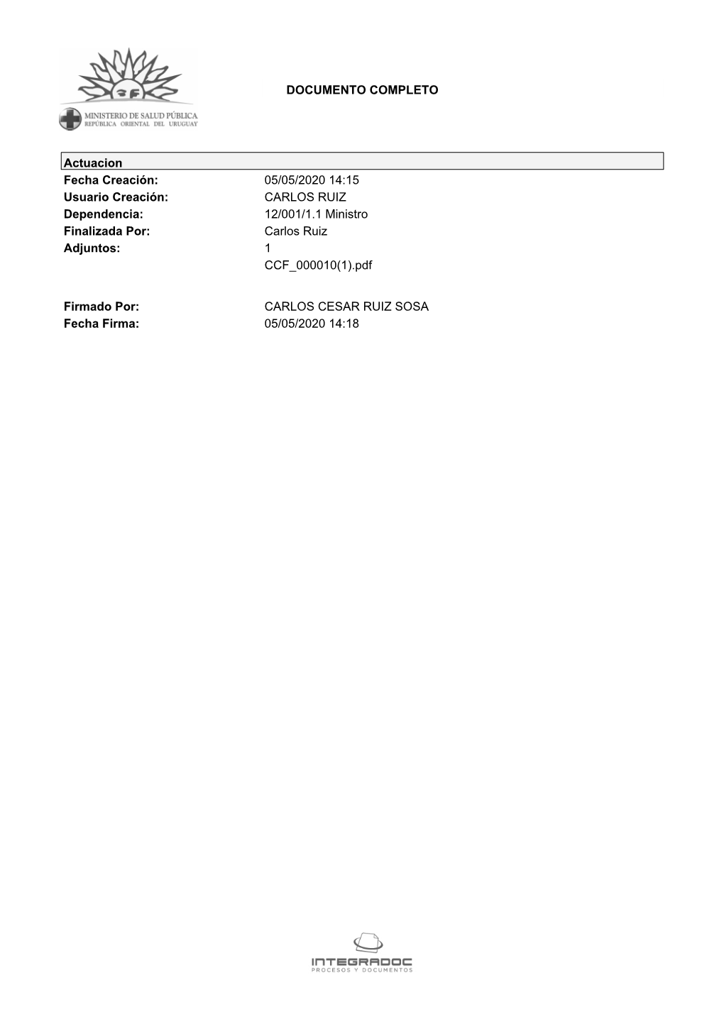 05/05/2020 14:15 Usuario Creación: CARLOS RUIZ Dependencia: 12/001/1.1 Ministro Finalizada Por: Carlos Ruiz Adjuntos: 1 CCF 000010(1).Pdf