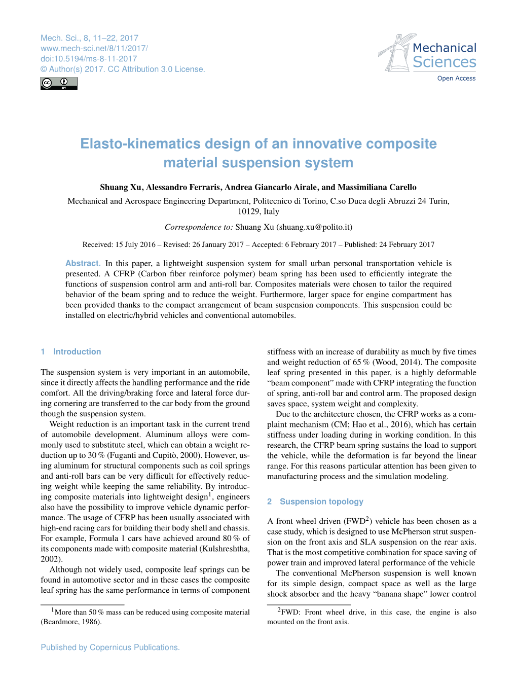 Elasto-Kinematics Design of an Innovative Composite Material Suspension System