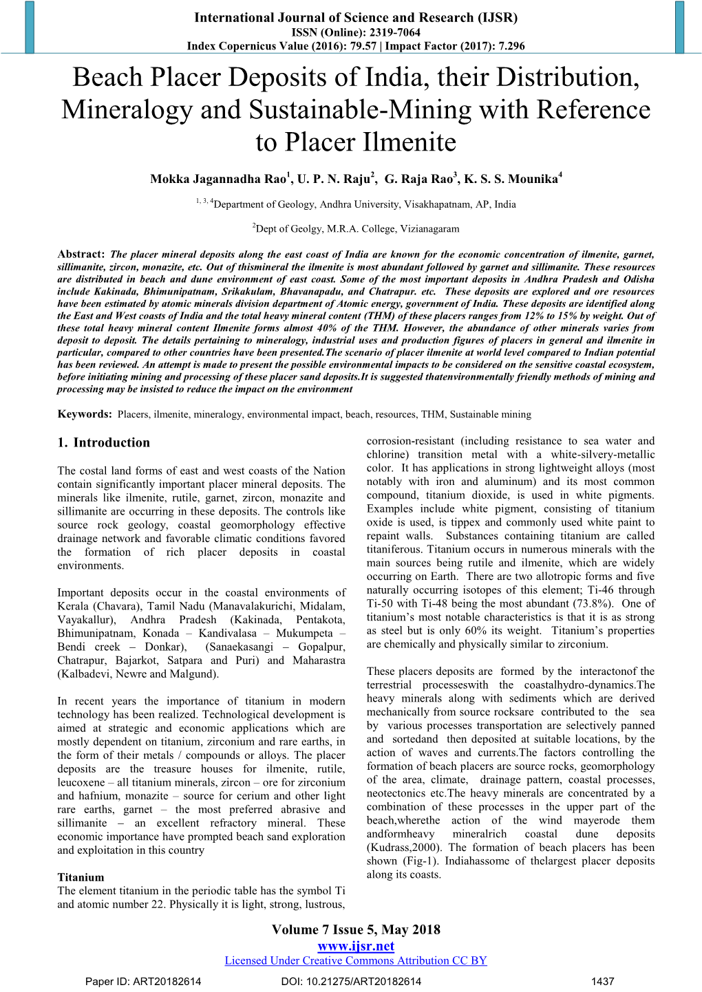 Beach Placer Deposits of India, Their Distribution, Mineralogy and Sustainable-Mining with Reference to Placer Ilmenite