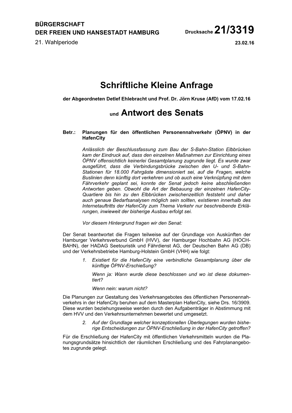 Schriftliche Kleine Anfrage Und Antwort Des Senats