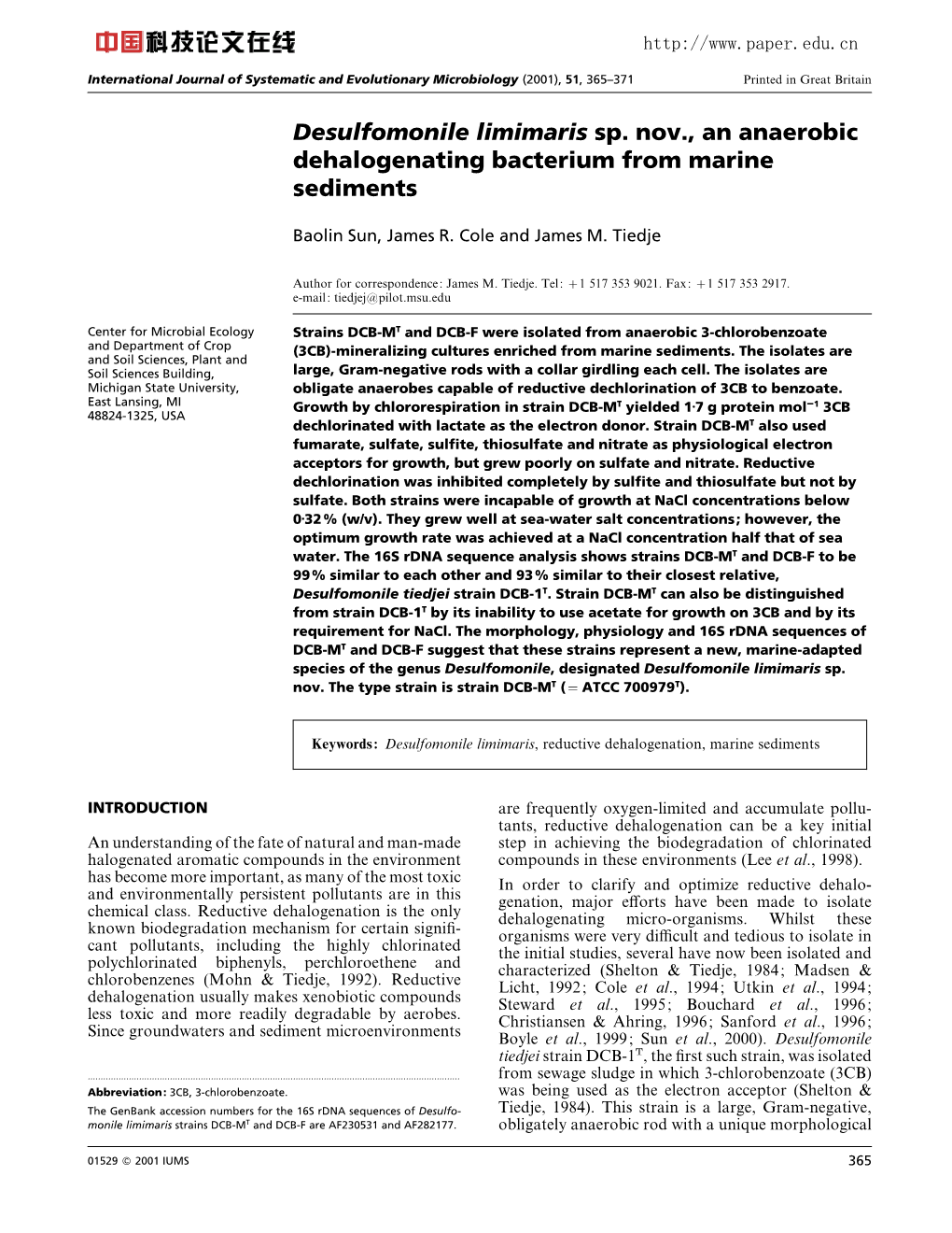 Desulfomonile Limimaris Sp. Nov., an Anaerobic Dehalogenating Bacterium from Marine Sediments