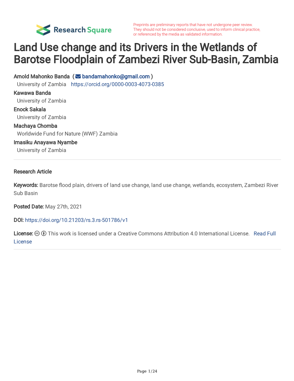 Land Use Change and Its Drivers in the Wetlands of Barotse Floodplain of Zambezi River Sub-Basin, Zambia