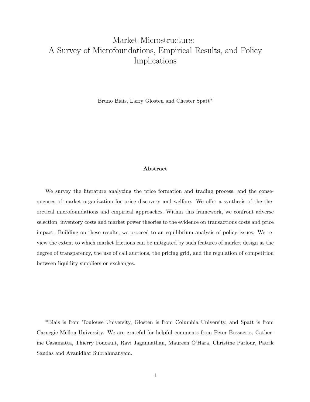 Market Microstructure: a Survey of Microfoundations, Empirical Results, and Policy Implications