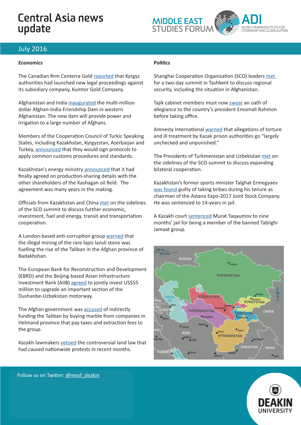 Central Asia News Update July 2016