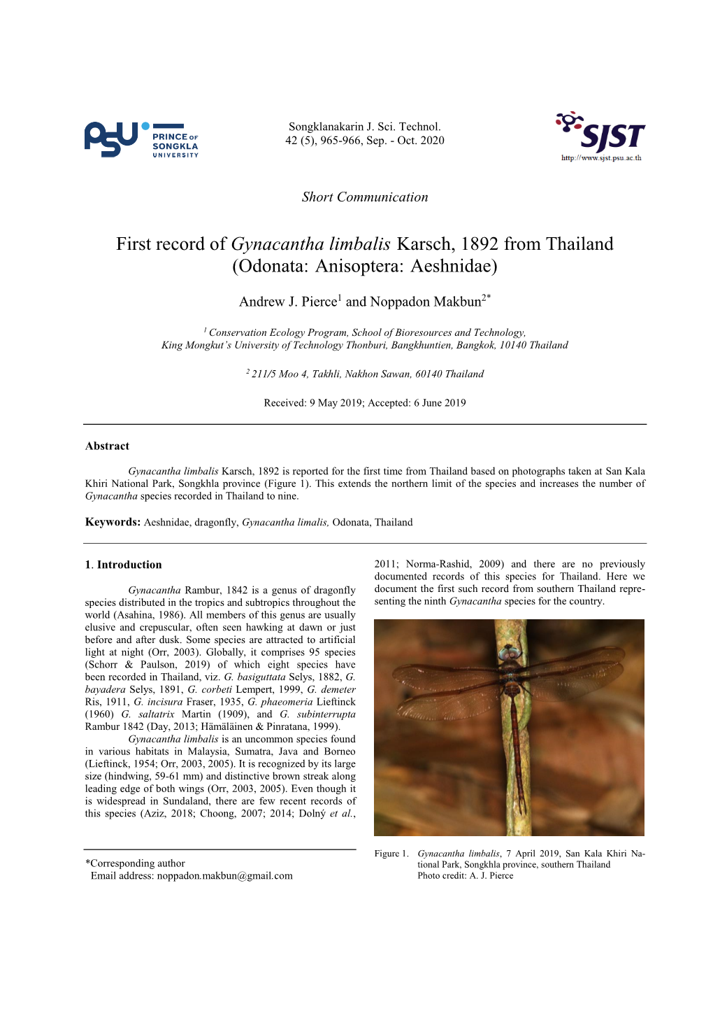 First Record of Gynacantha Limbalis Karsch, 1892 from Thailand (Odonata: Anisoptera: Aeshnidae)