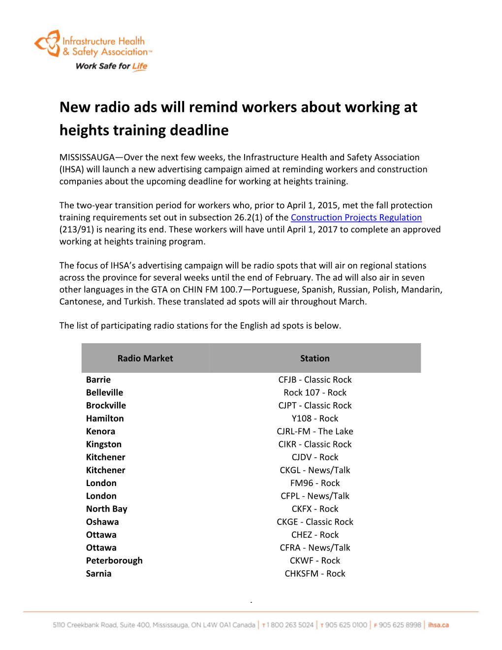 New Radio Ads Will Remind Workers About Working at Heights Training Deadline