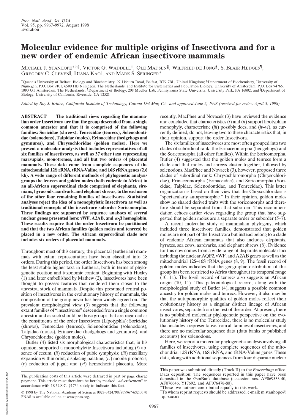 Molecular Evidence for Multiple Origins of Insectivora and for a New Order of Endemic African Insectivore Mammals