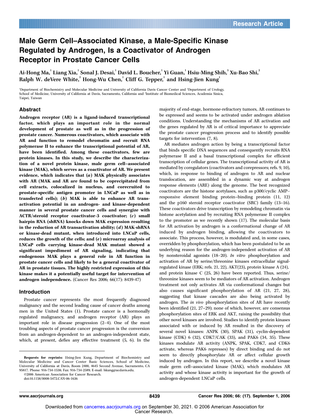 Male Germ Cell–Associated Kinase, a Male-Specific Kinase Regulated by Androgen, Is a Coactivator of Androgen Receptor in Prostate Cancer Cells