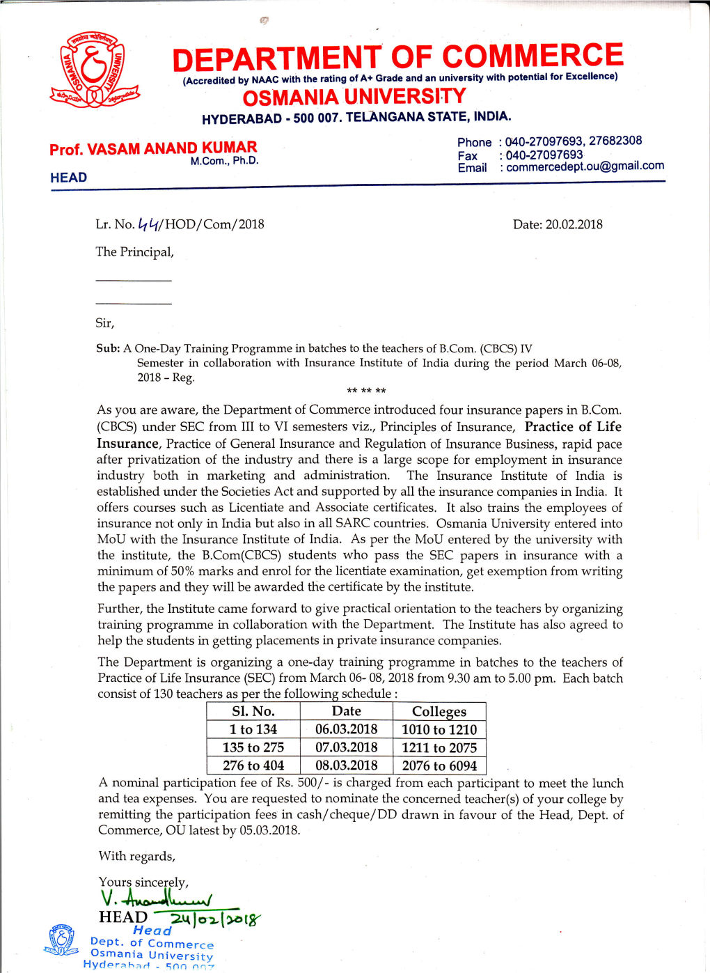 DEPARTMENT of COMMERGE (Accredited by NAAC with the Rating of A+ Grade and an Universlty Wlth Potential for Ercellence) OSMANIA UNIVERSITY HYDERABAD .5OO OO7