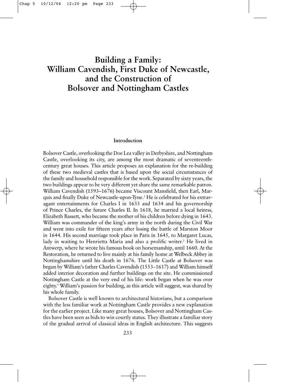 Building a Family: William Cavendish, First Duke of Newcastle, and the Construction of Bolsover and Nottingham Castles