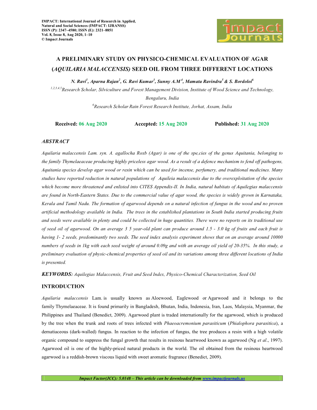 Aquilaria Malaccensis) Seed Oil from Three Different Locations