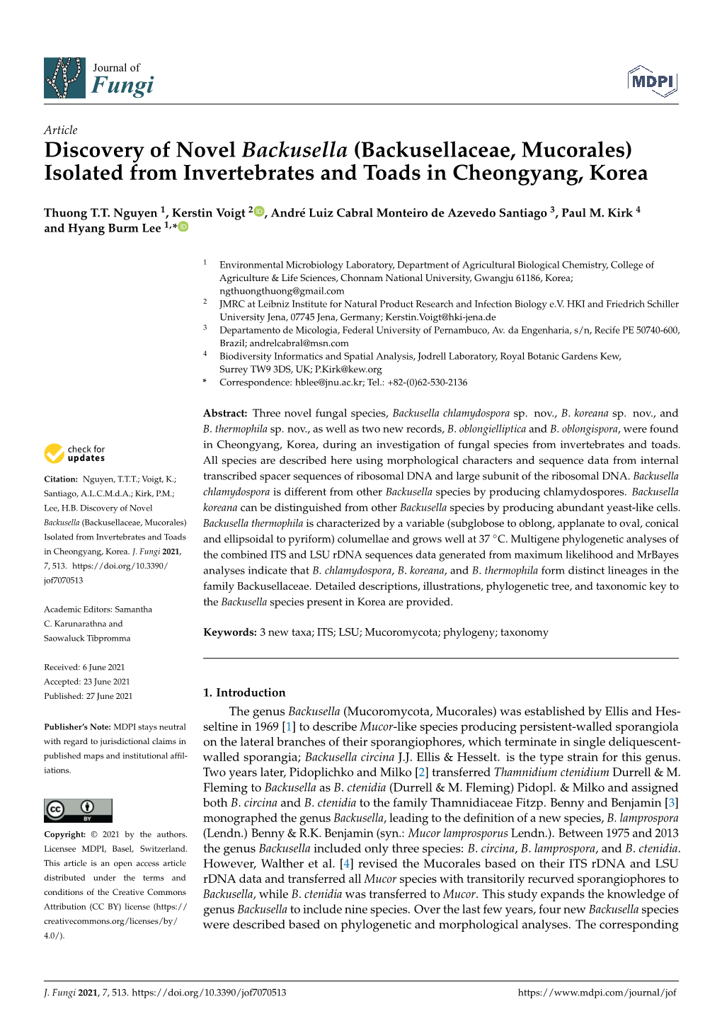 Discovery of Novel Backusella (Backusellaceae, Mucorales) Isolated from Invertebrates and Toads in Cheongyang, Korea