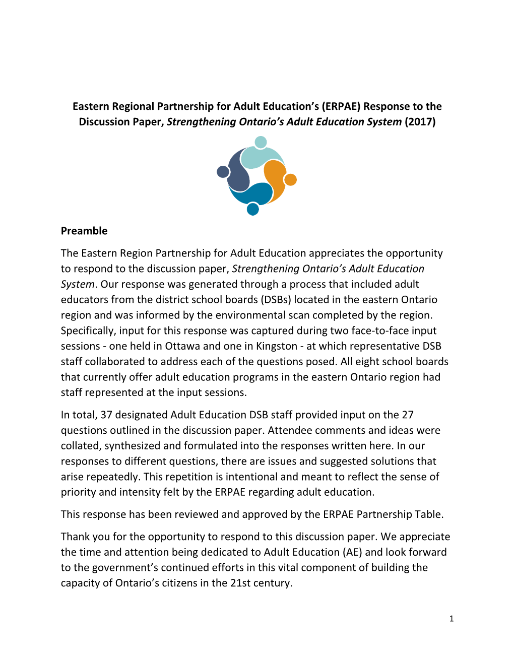 Eastern Regional Partnership for Adult Education's (ERPAE) Response To