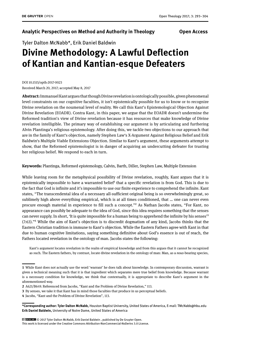 Divine Methodology: a Lawful Deflection of Kantian and Kantian-Esque Defeaters