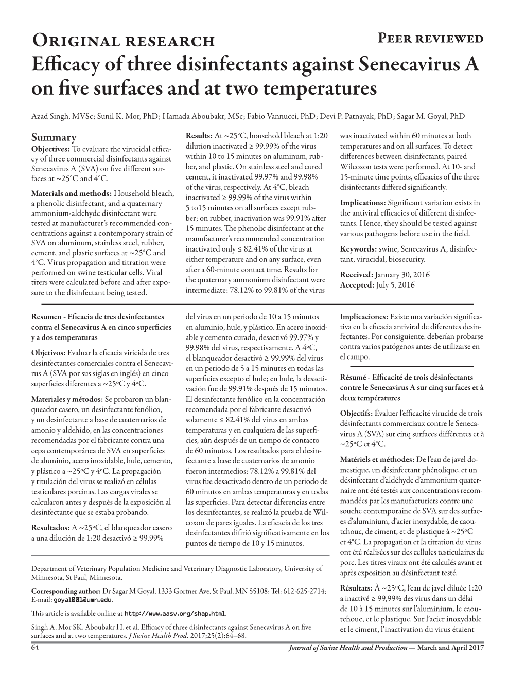 Efficacy of Three Disinfectants Against Senecavirus a on Five Surfaces and at Two Temperatures