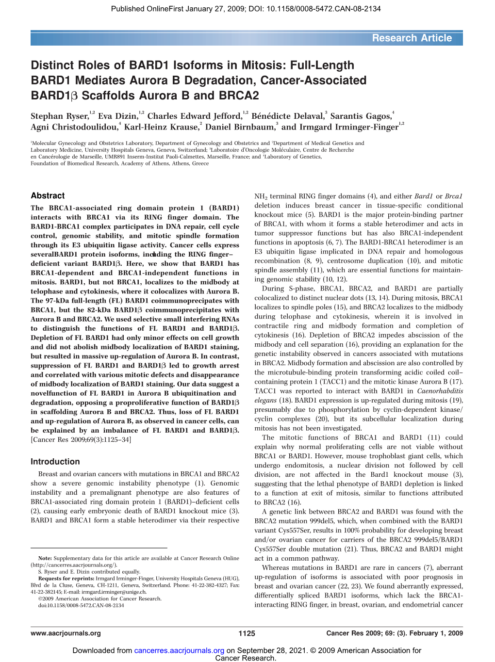 Full-Length BARD1 Mediates Aurora B Degradation, Cancer-Associated BARD1B Scaffolds Aurora B and BRCA2