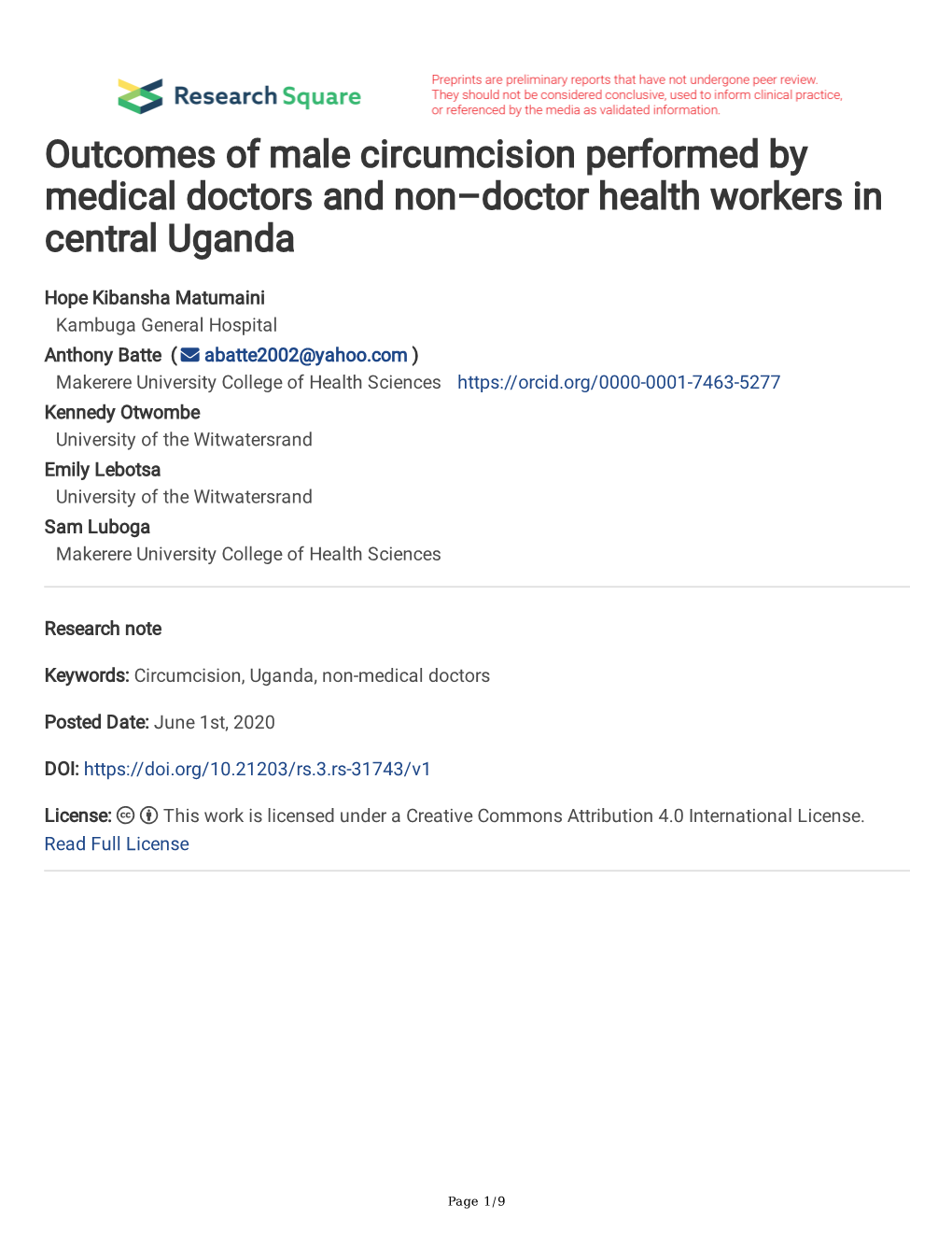 Outcomes of Male Circumcision Performed by Medical Doctors and Non–Doctor Health Workers in Central Uganda