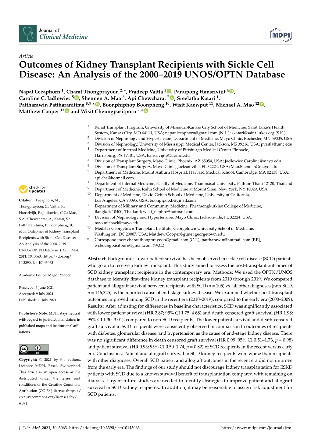 Outcomes of Kidney Transplant Recipients with Sickle Cell Disease: an Analysis of the 2000–2019 UNOS/OPTN Database