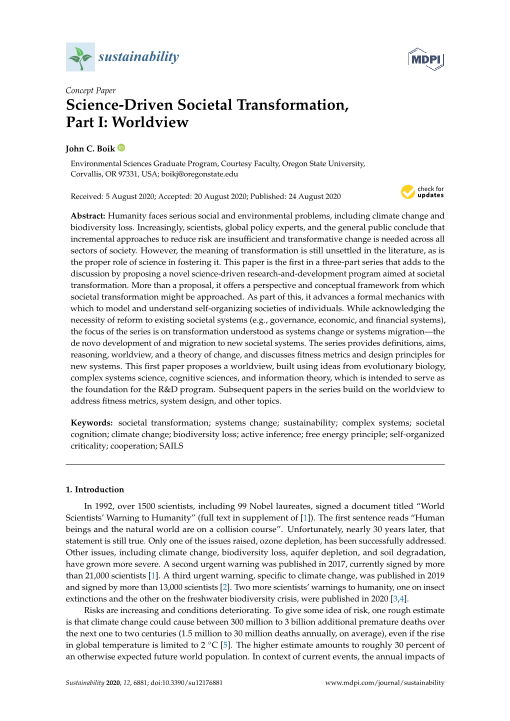 Science-Driven Societal Transformation, Part I: Worldview