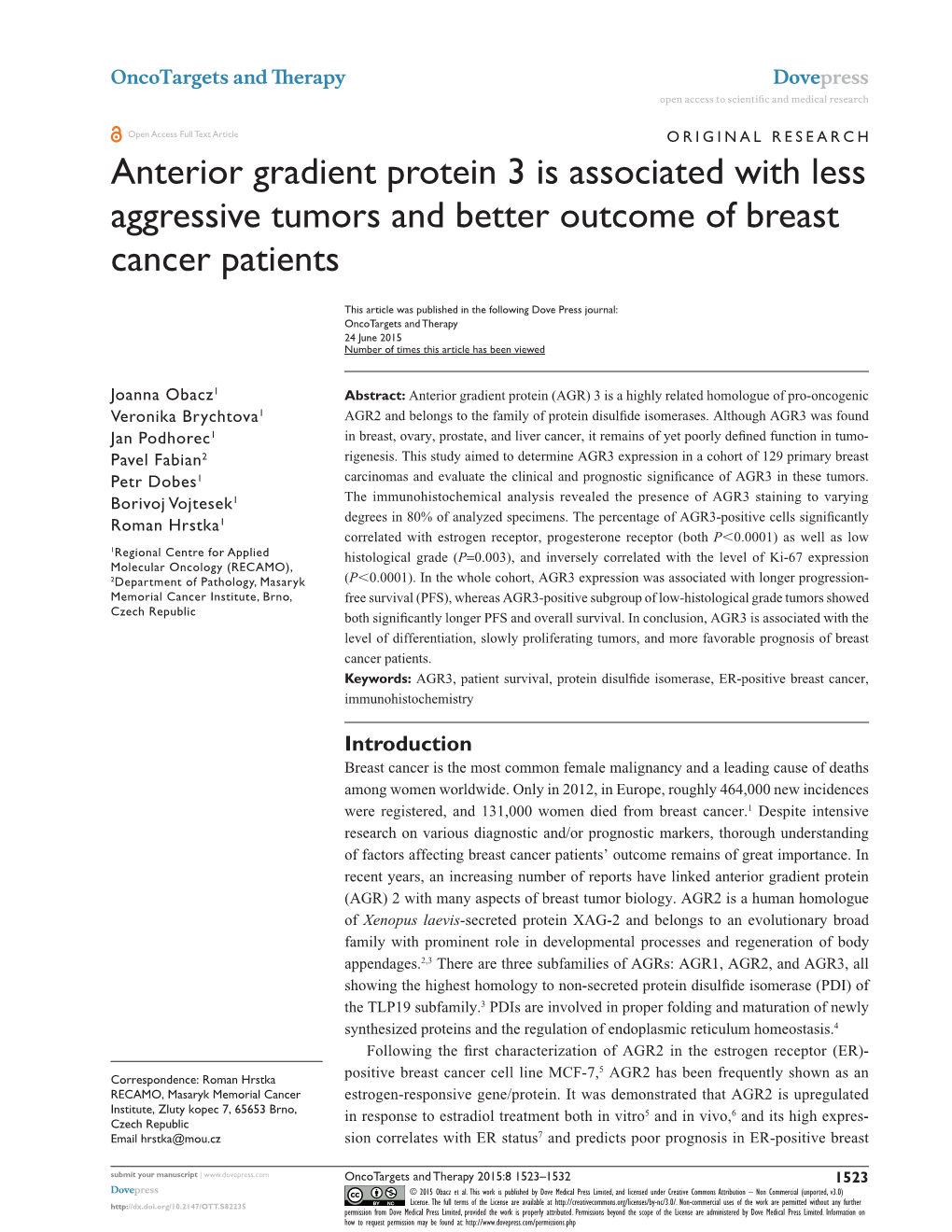 Anterior Gradient Protein 3 Is Associated with Less Aggressive Tumors and Better Outcome of Breast Cancer Patients