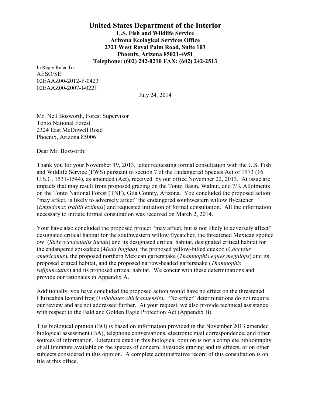 Biological Opinon on Proposed Grazing on the Tonto Basin, Walnut