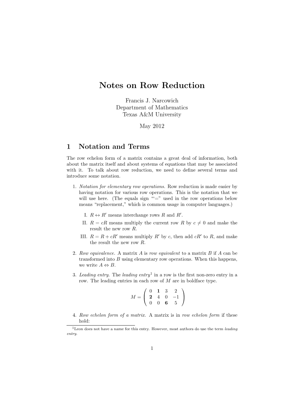 Notes on Row Reduction