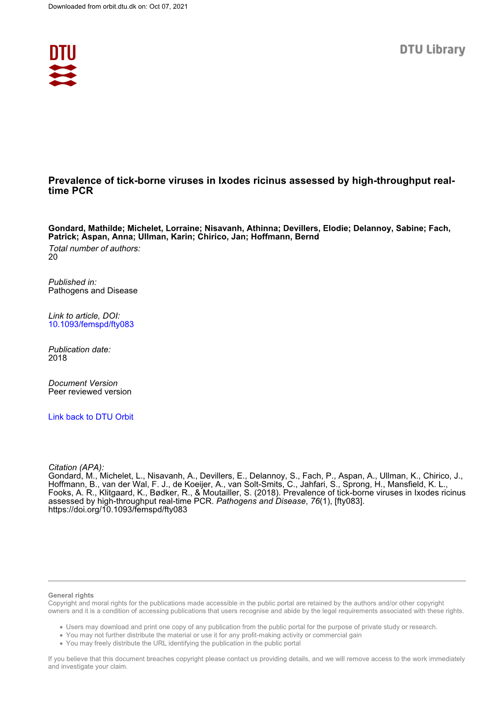 Prevalence of Tick-Borne Viruses in Ixodes Ricinus Assessed by High-Throughput Real- Time PCR