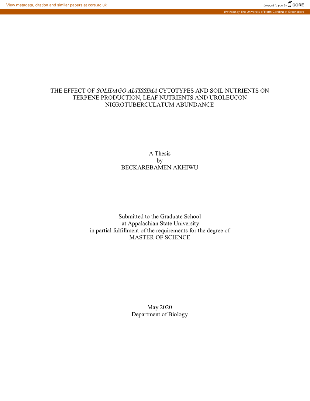 The Effect of Solidago Altissima Cytotypes and Soil Nutrients on Terpene Production, Leaf Nutrients and Uroleucon Nigrotuberculatum Abundance