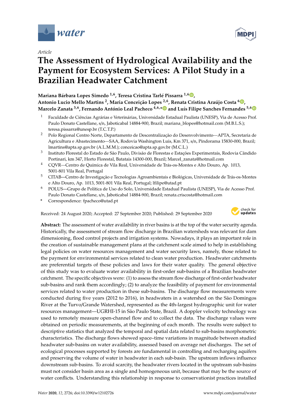 The Assessment of Hydrological Availability and the Payment for Ecosystem Services: a Pilot Study in a Brazilian Headwater Catchment