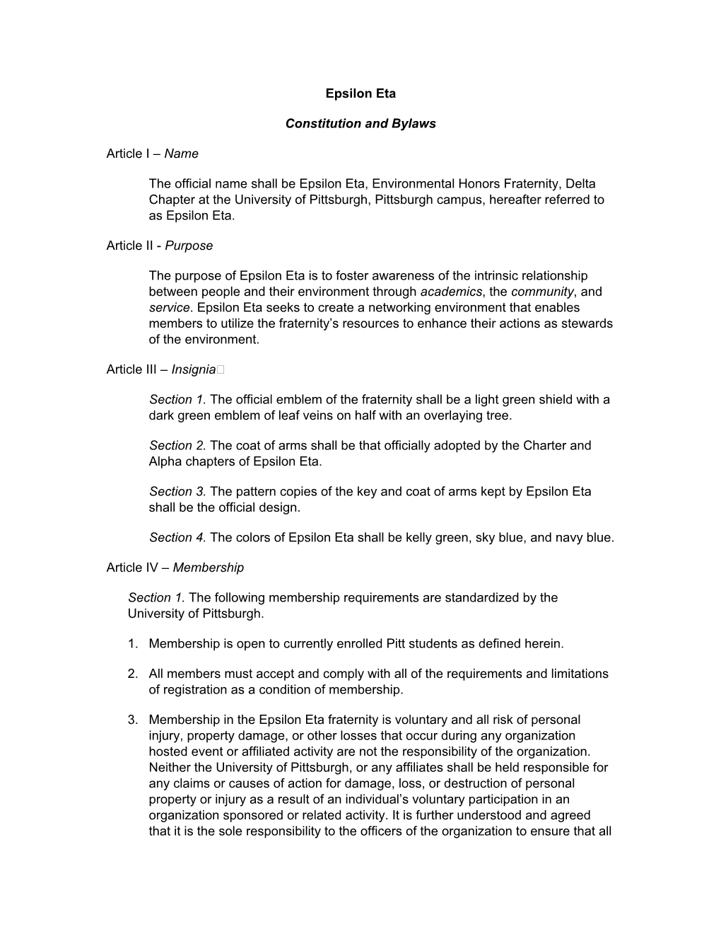 Epsilon Eta Constitution and Bylaws Article I