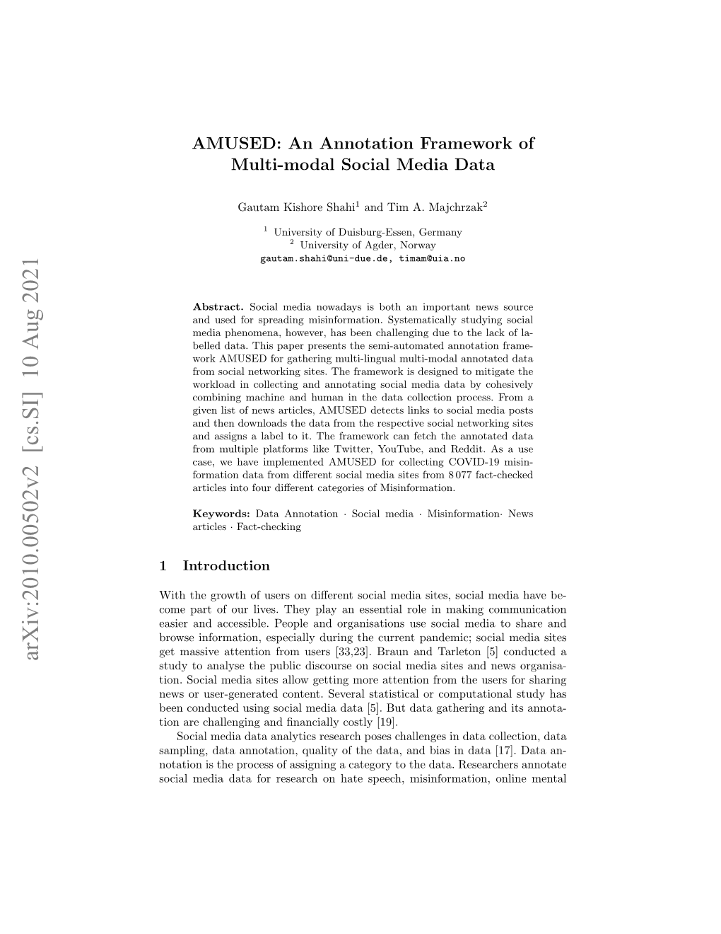 Arxiv:2010.00502V2 [Cs.SI] 10 Aug 2021 Study to Analyse the Public Discourse on Social Media Sites and News Organisa- Tion