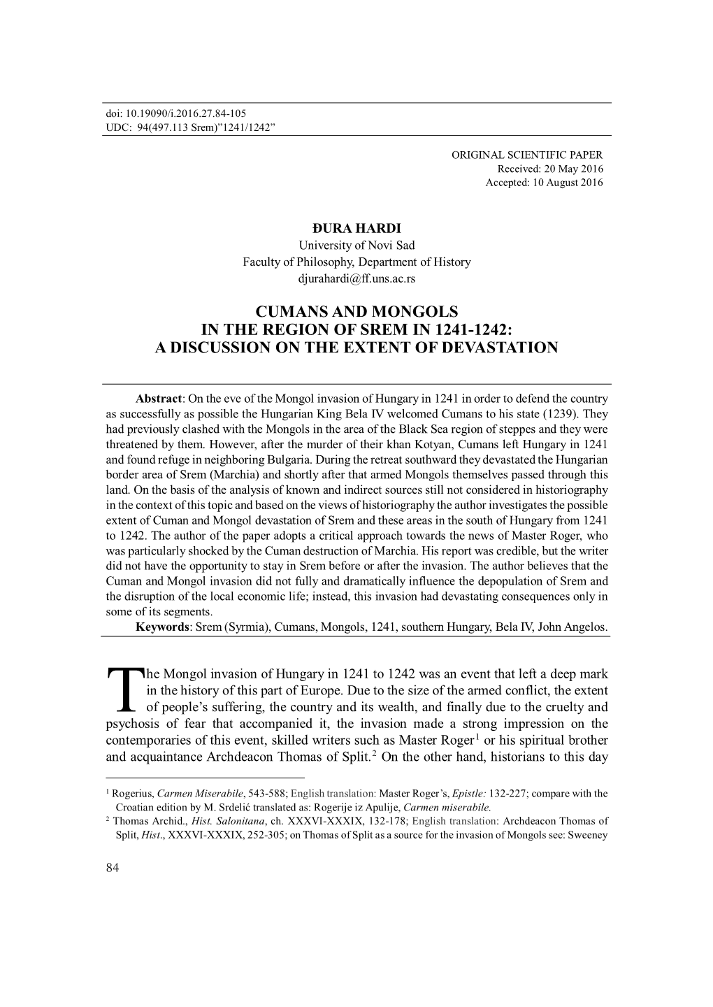 Cumans and Mongols in the Region of Srem in 1241-1242: a Discussion on the Extent of Devastation