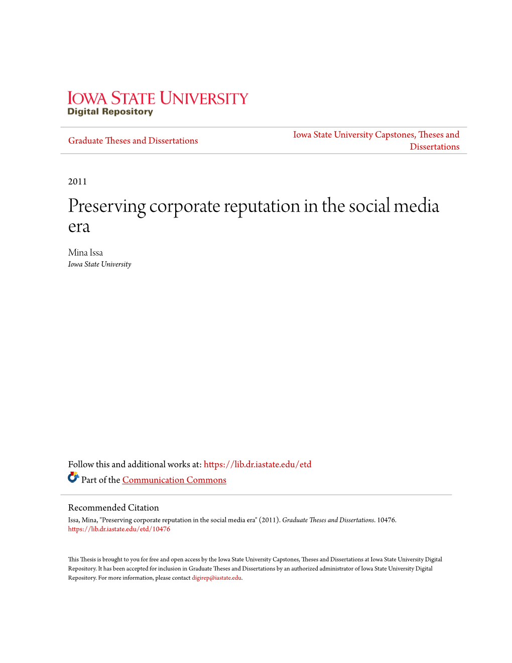 Preserving Corporate Reputation in the Social Media Era Mina Issa Iowa State University