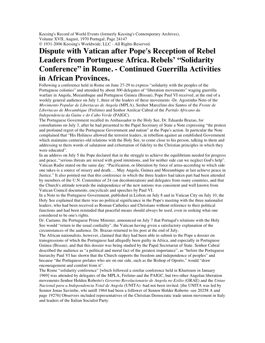 Dispute with Vatican After Pope's Reception of Rebel Leaders from Portuguese Africa