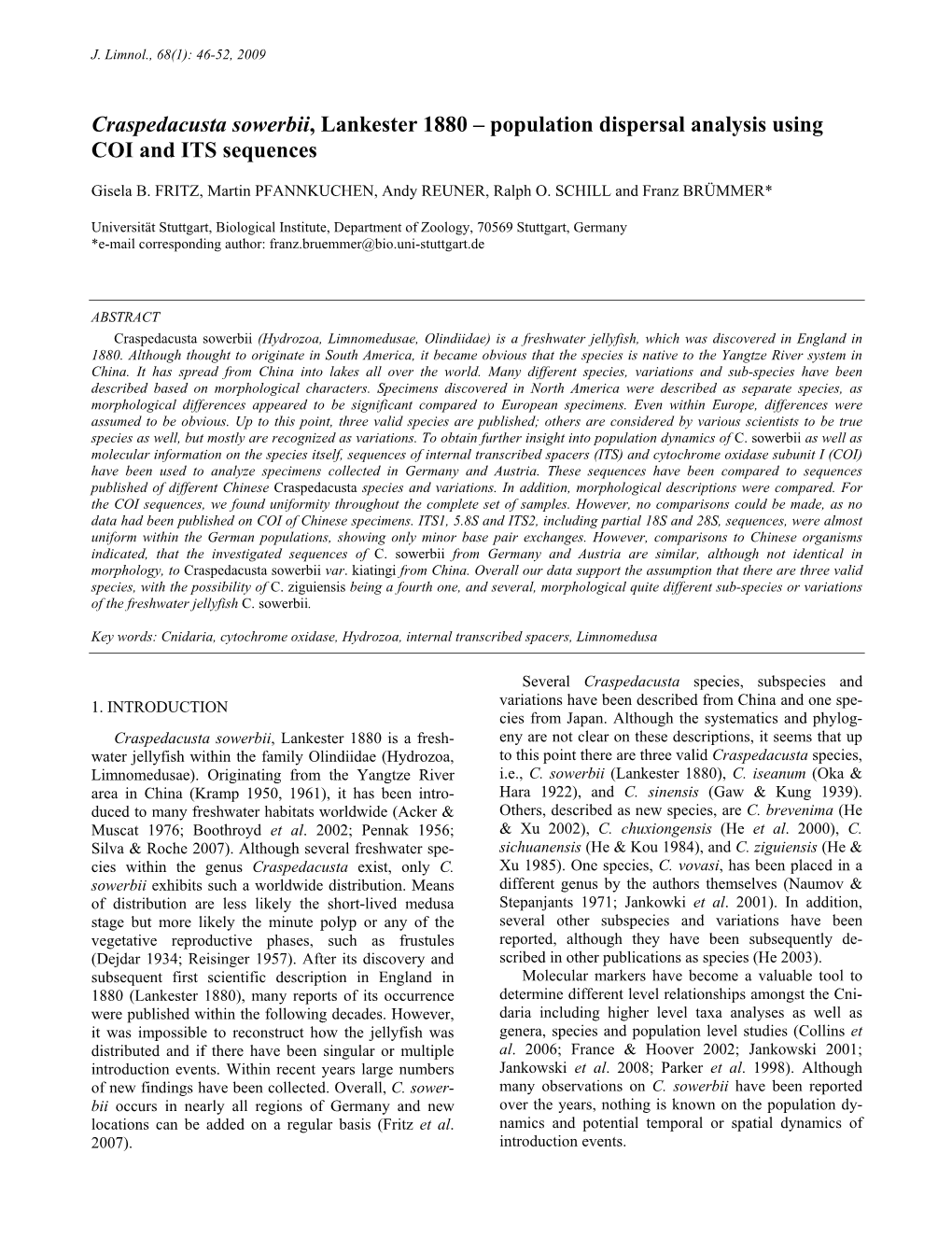 Craspedacusta Sowerbii, Lankester 1880 – Population Dispersal Analysis Using COI and ITS Sequences