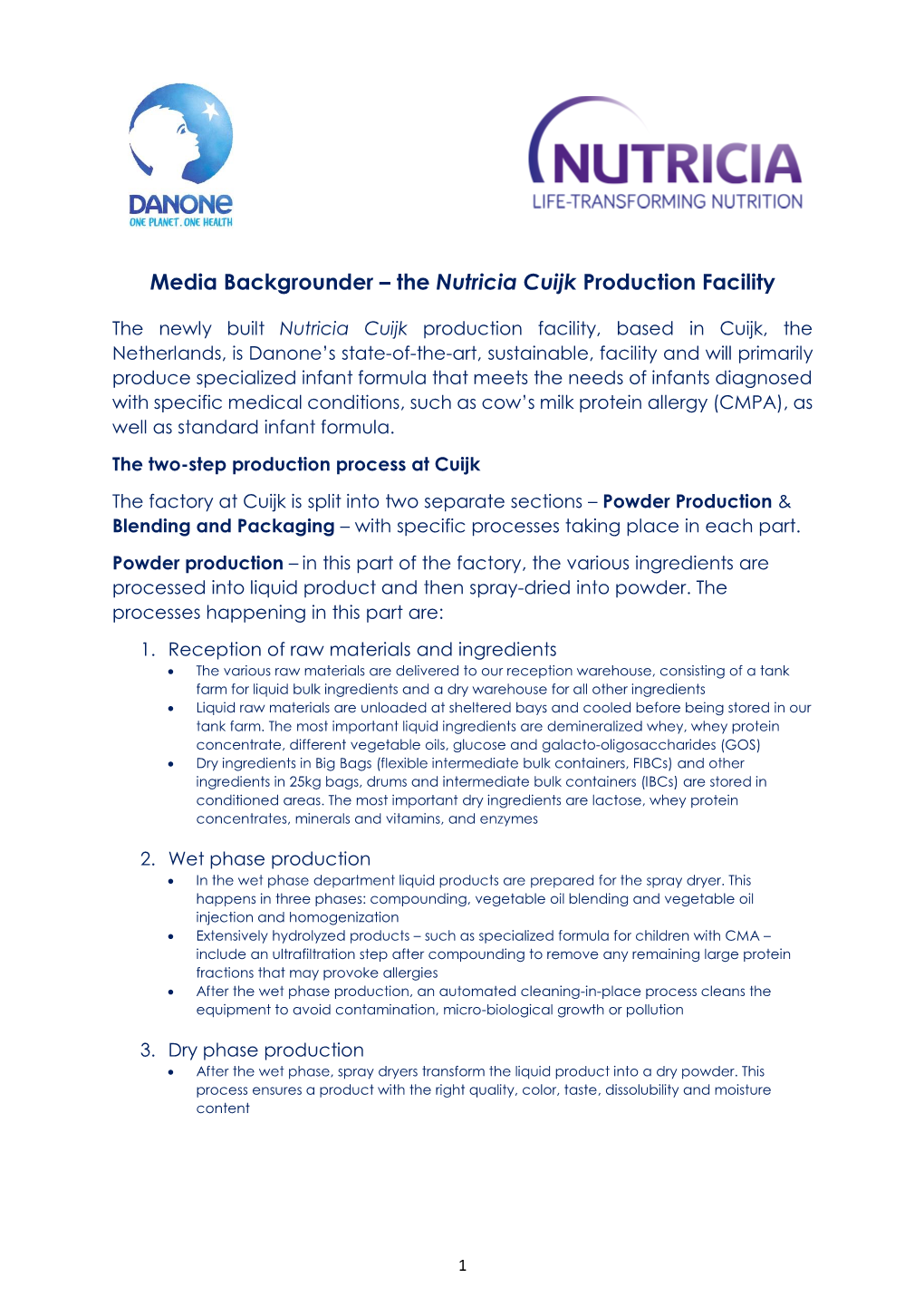 Media Backgrounder – the Nutricia Cuijk Production Facility