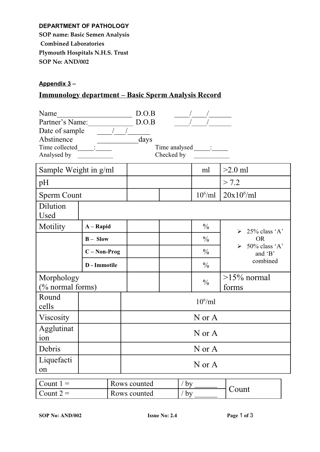 Immunology Department Basic Sperm Analysis Record