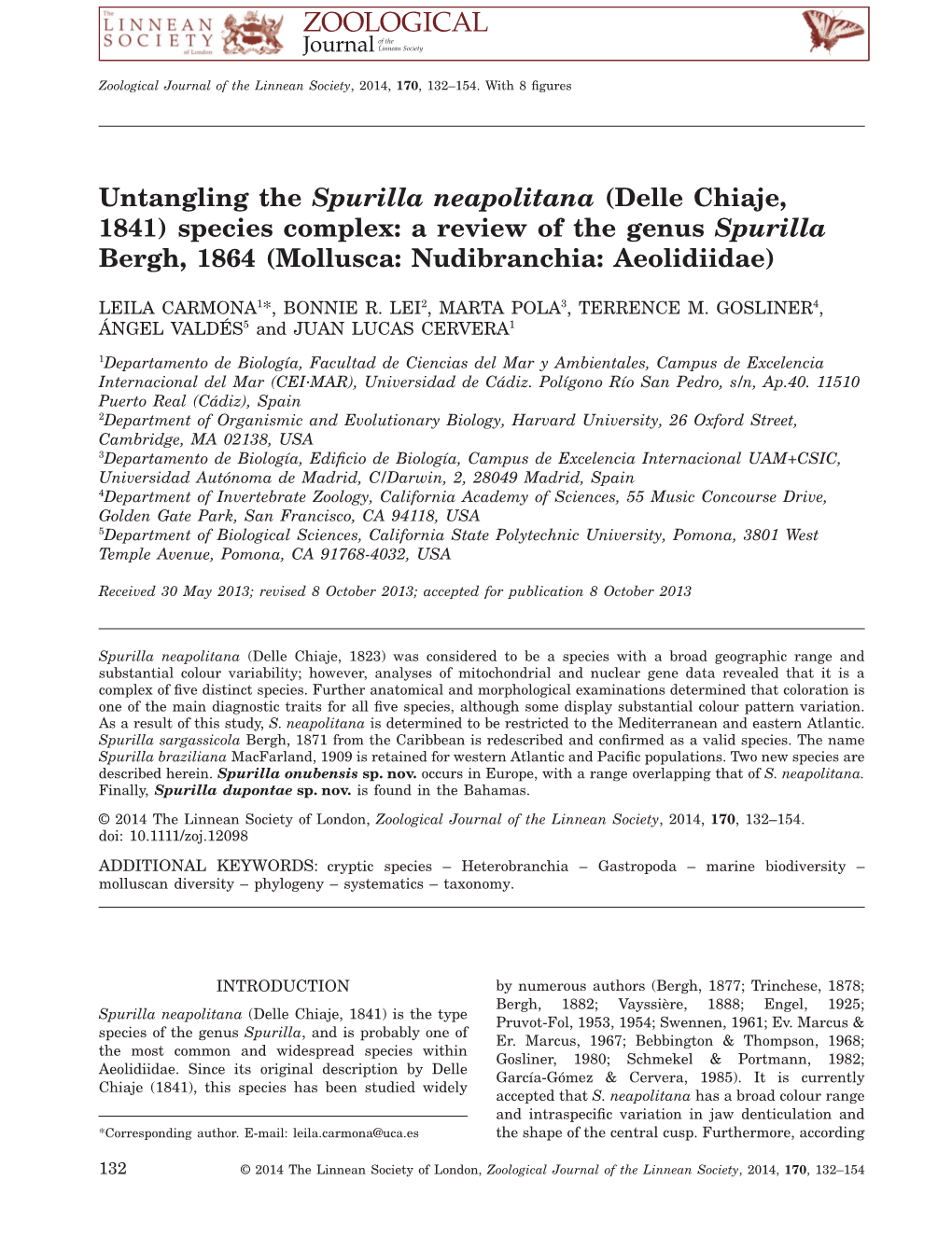 Untangling the Spurilla Neapolitana (Delle Chiaje, 1841) Species Complex: a Review of the Genus Spurilla Bergh, 1864 (Mollusca: Nudibranchia: Aeolidiidae)