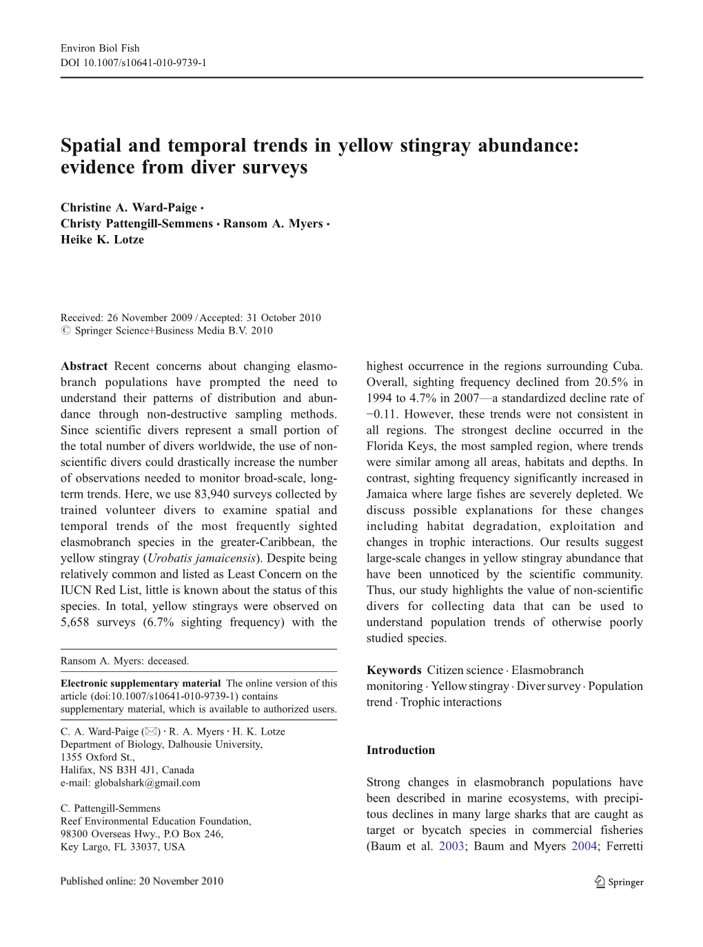 Spatial and Temporal Trends in Yellow Stingray Abundance: Evidence from Diver Surveys