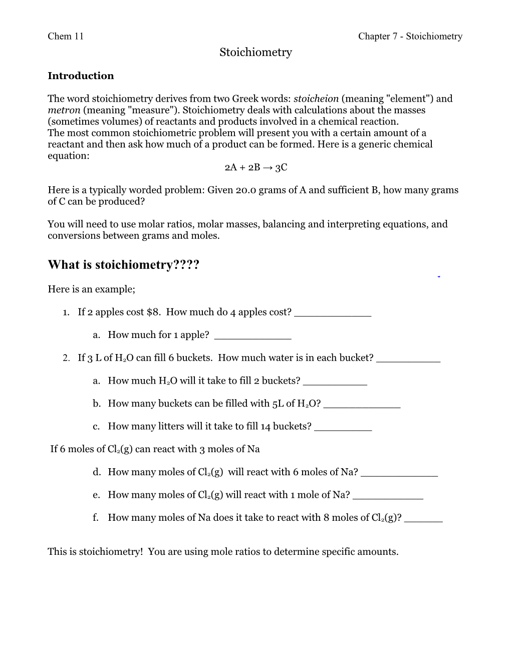 Chem 11 Chapter 7 - Stoichiometry