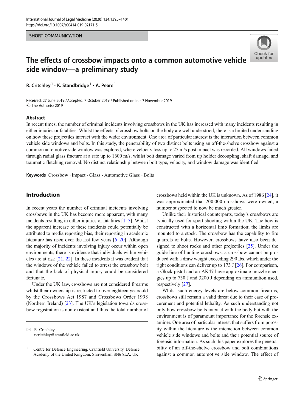 The Effects of Crossbow Impacts Onto a Common Automotive Vehicle Side Window—A Preliminary Study