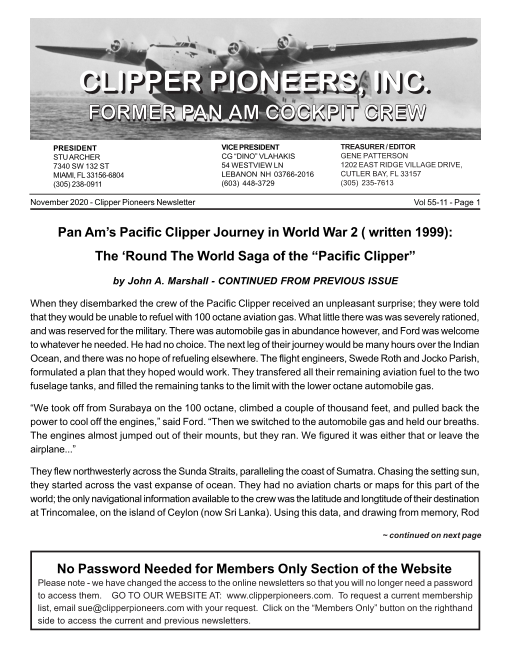 Clipper Pioneers Newsletter, Nov. 2020