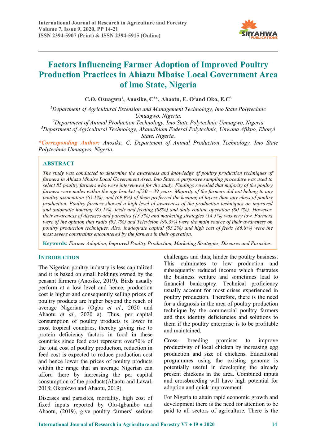 Factors Influencing Farmer Adoption of Improved Poultry Production Practices in Ahiazu Mbaise Local Government Area of Lmo State, Nigeria