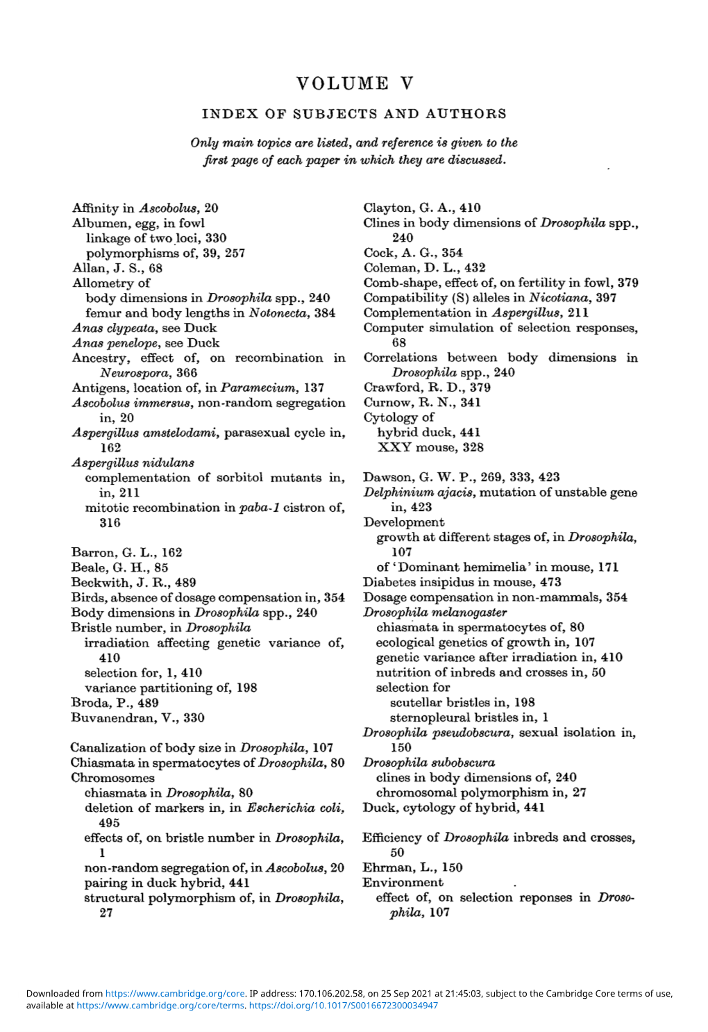 VOLUME V INDEX of SUBJECTS and AUTHORS Only Main Topics Are Listed, and Reference Is Given to the First Page of Each Paper in Which They Are Discussed