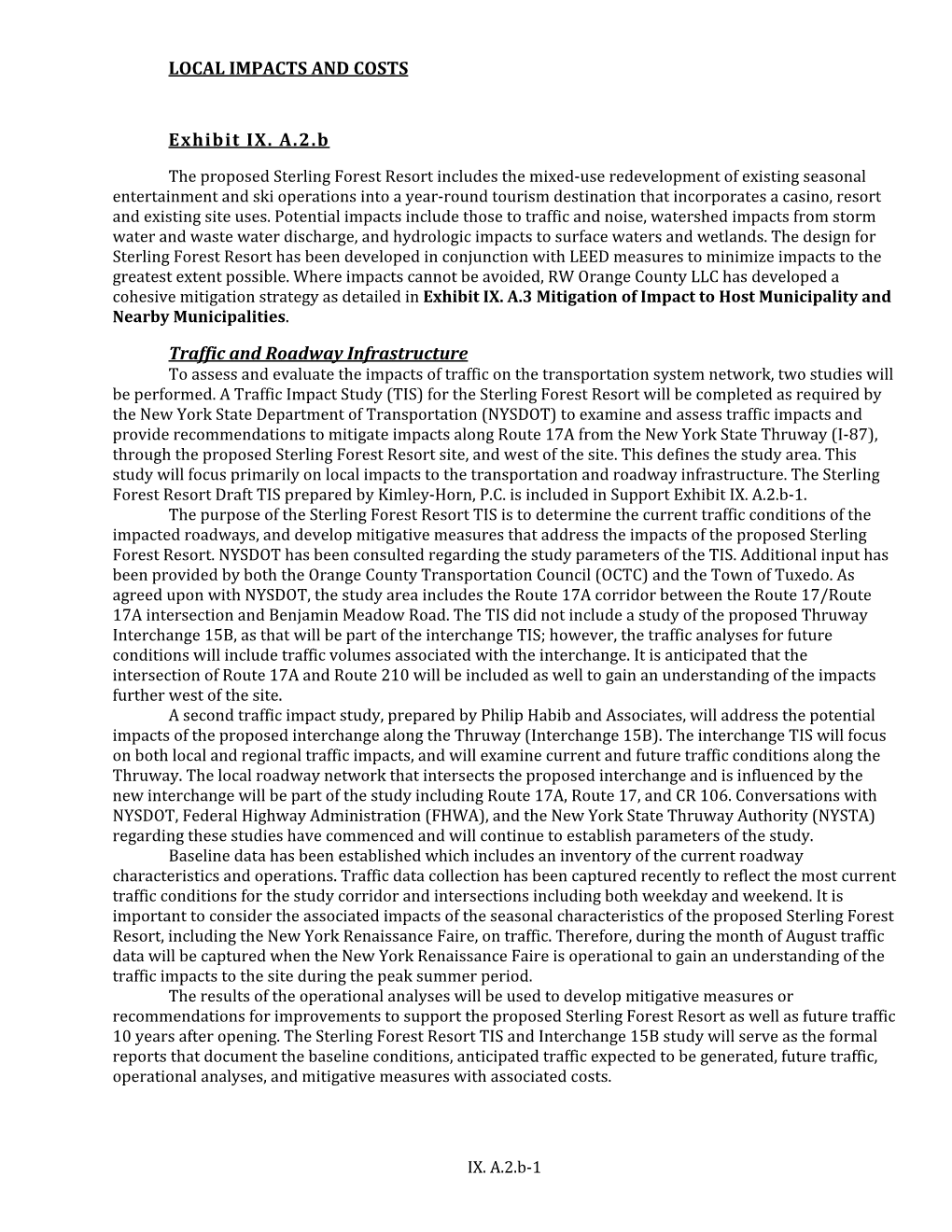 LOCAL IMPACTS and COSTS Exhibit IX. A.2.B Traffic and Roadway