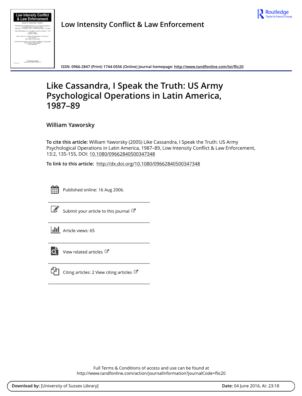 Like Cassandra, I Speak the Truth: US Army Psychological Operations in Latin America, 1987–89