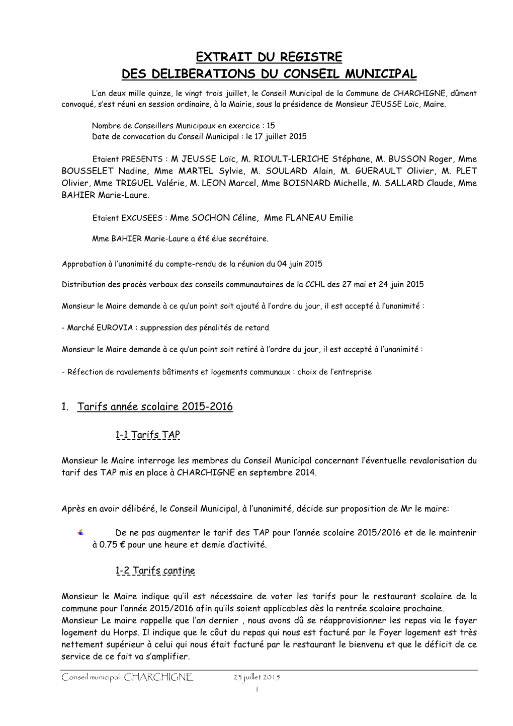 Extrait Du Registre Des Deliberations Du Conseil Municipal