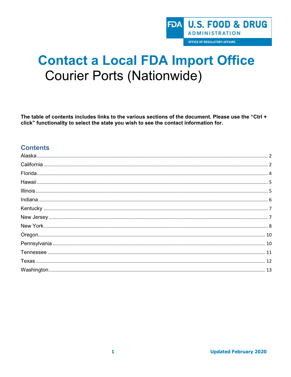 Contact a Local FDA Import Office Courier Ports (Nationwide)